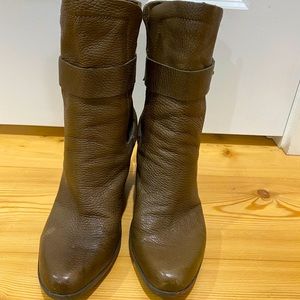 Brown leather wedge booties